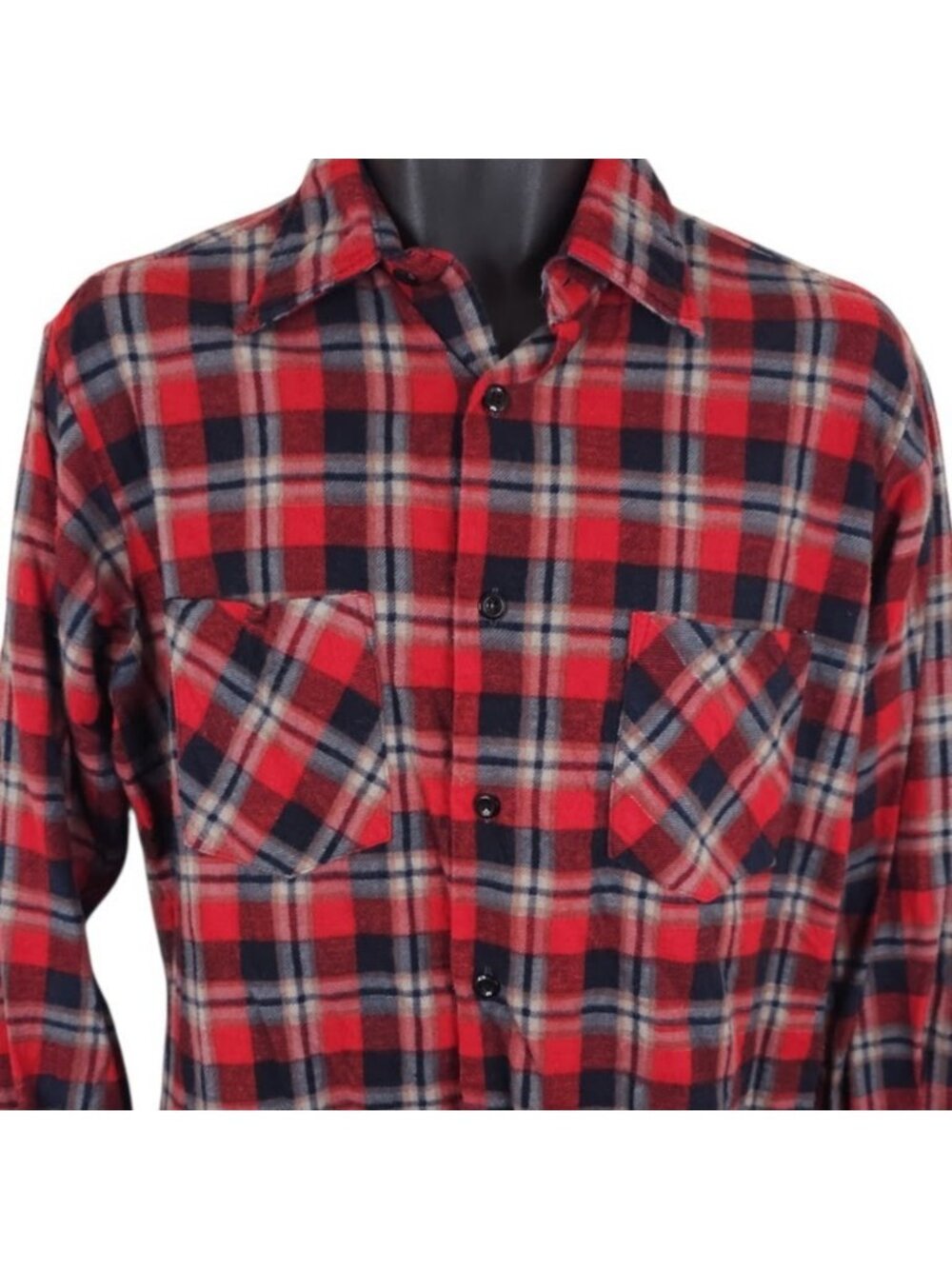 Vintage JCPenney Flannel Shirt Mens Size Medium Red 70s Plaid Made In Hong Kong